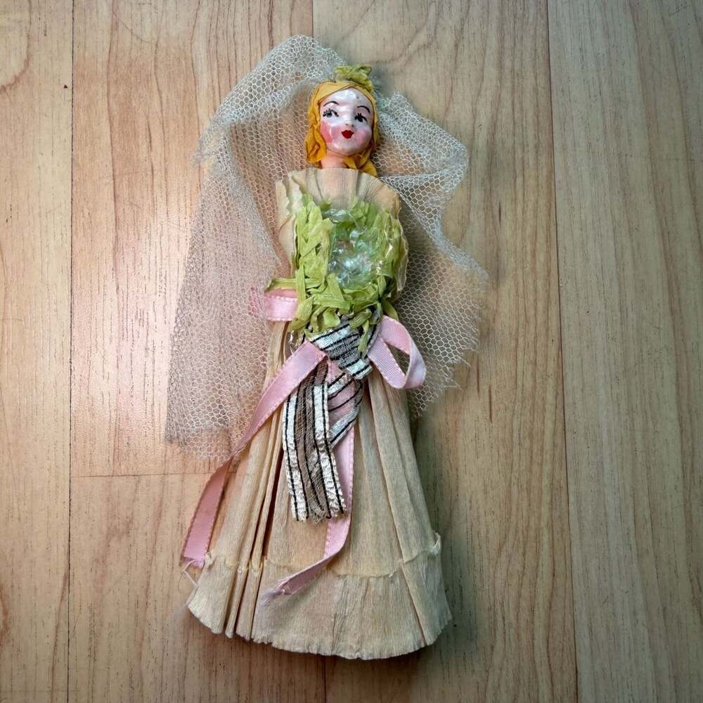 Vintage 1920s Handmade Crepe Paper Bride Doll with Tulle Veil and Ribbon